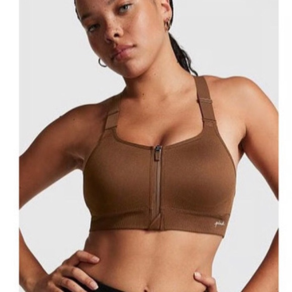 High-Support Zip-Front Sports Bra in Brown